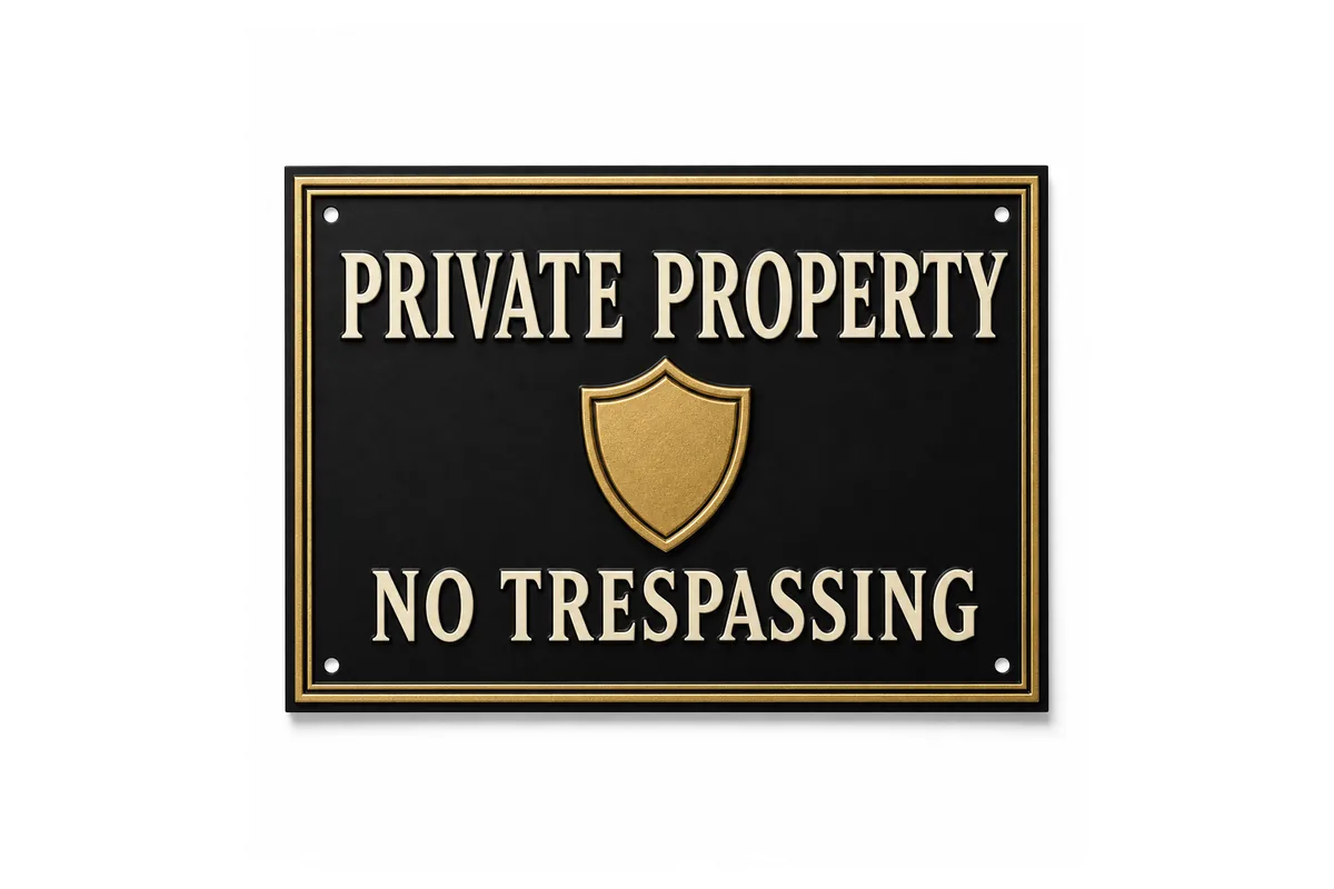 Private Property No Trespassing kabartmalı metal tabela