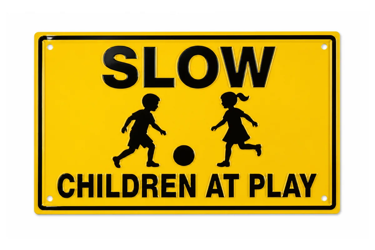 Slow Children at Play kabartmalı metal tabela